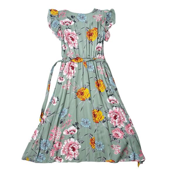 SHEIN Sage Green Floral Faux Wrap Ruffle Sleeve Summer Dress size Medium - Picture 5 of 12